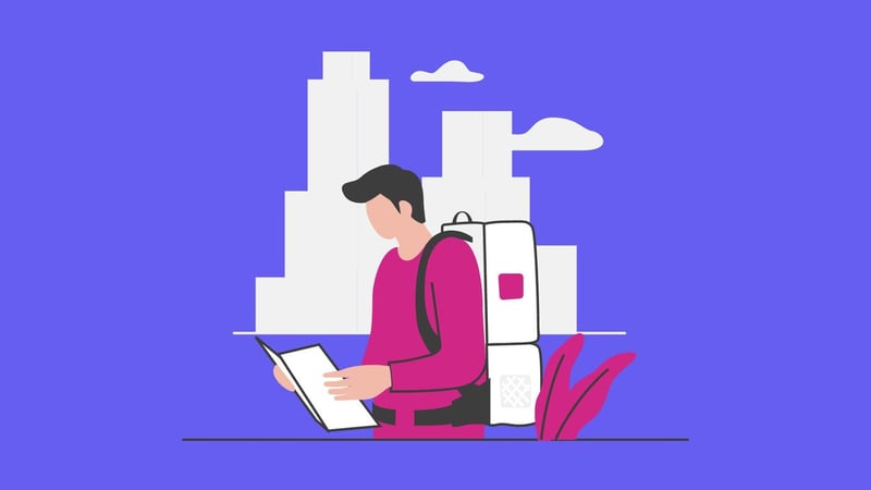 Man reading a newspaper over a purple backdrop