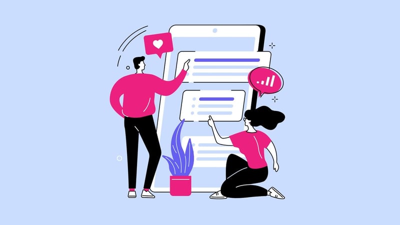 Two cartoon human figures liking and commenting on social media