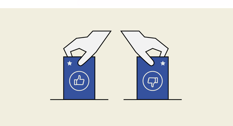two hands, one holding a "like" button and one holding a "dislike" button